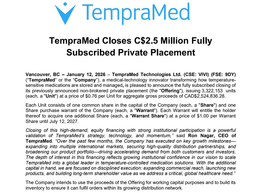 TempraMed Closes C$2.5 Million Fully Subscribed Private Placement