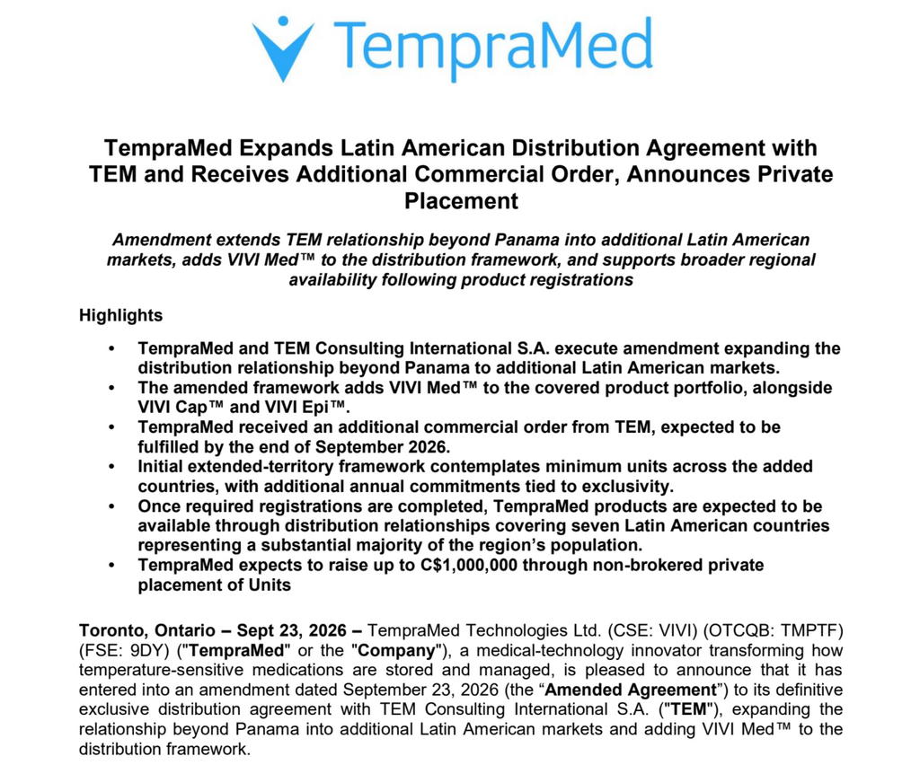 TempraMed amplía su acuerdo de distribución en América Latina con TEM y recibe un pedido comercial adicional; anuncia una colocación privada
