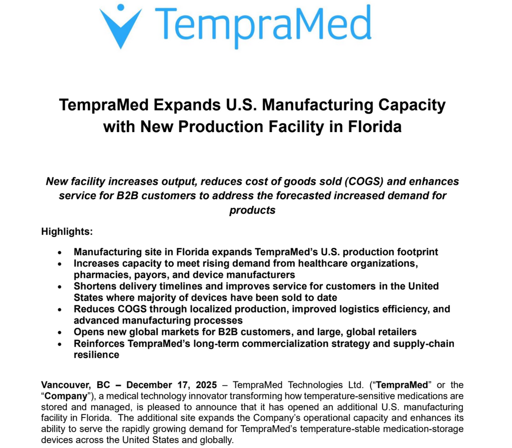 TempraMed Expands U.S. Manufacturing Capacity with New Production Facility in Florida