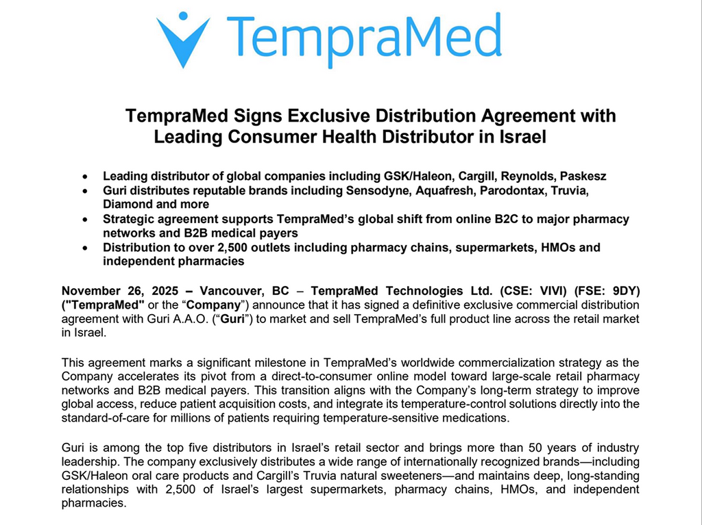 TempraMed Signs Exclusive Distribution Agreement with Leading Consumer Health Distributor in Israel