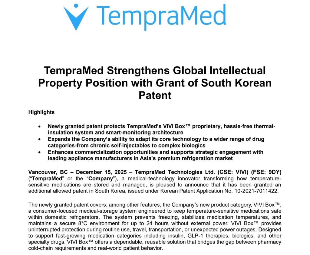 TempraMed Strengthens Global Intellectual Property Position with Grant of South Korean Patent