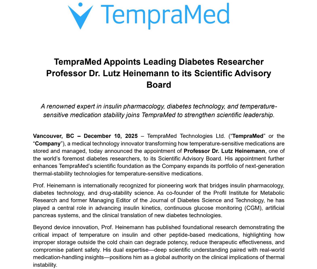 TempraMed Appoints Leading Diabetes Researcher Professor Dr. Lutz Heinemann to its Scientific Advisory Board