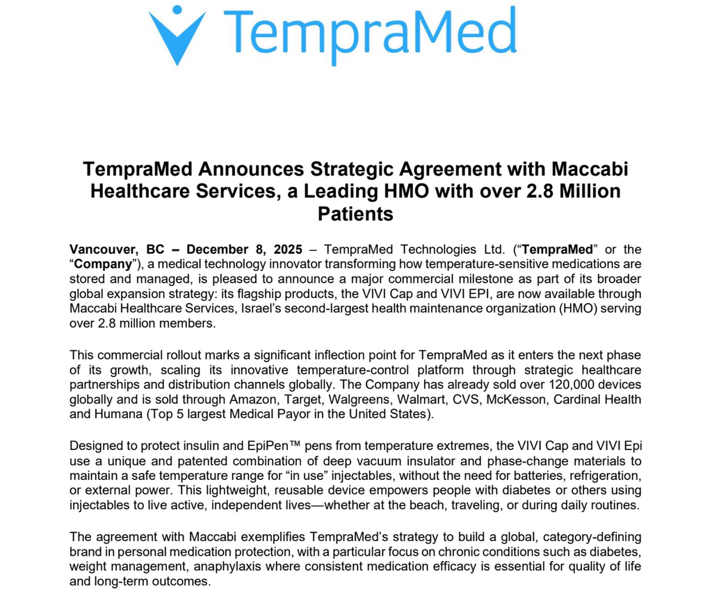 TempraMed Announces Strategic Agreement with Maccabi Healthcare Services, a Leading HMO with over 2.8 Million Patients