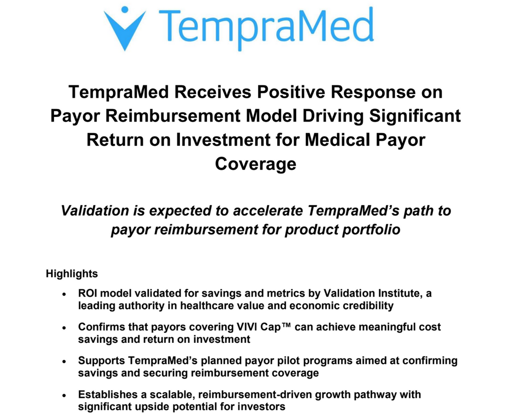 TempraMed Receives Positive Response on Payor Reimbursement Model Driving Significant Return on Investment for Medical Payor Coverage
