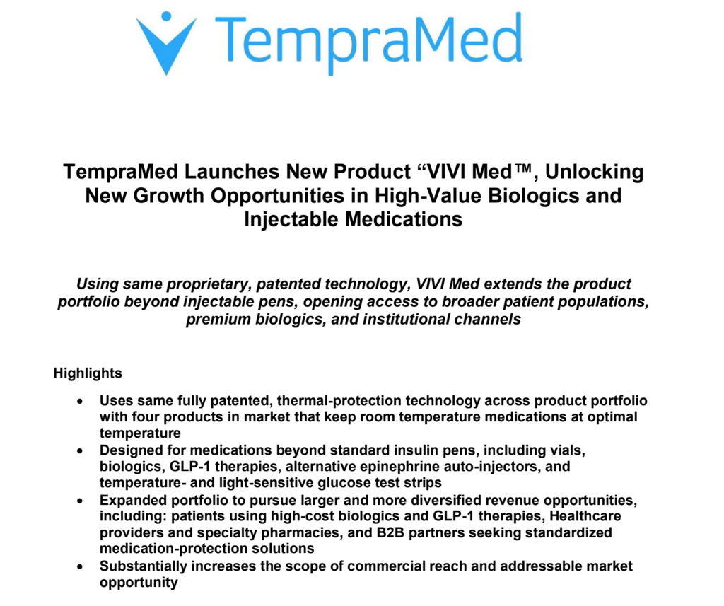 TempraMed Launches New Product “VIVI Med", Unlocking New Growth Opportunities in High-Value Biologics and Injectable Medications