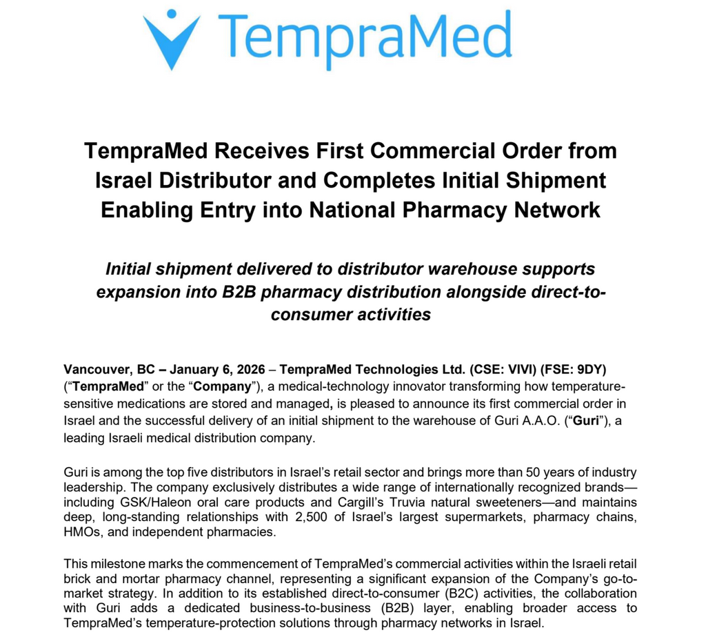 TempraMed Receives First Commercial Order from Israel Distributor and Completes Initial Shipment Enabling Entry into National Pharmacy Network