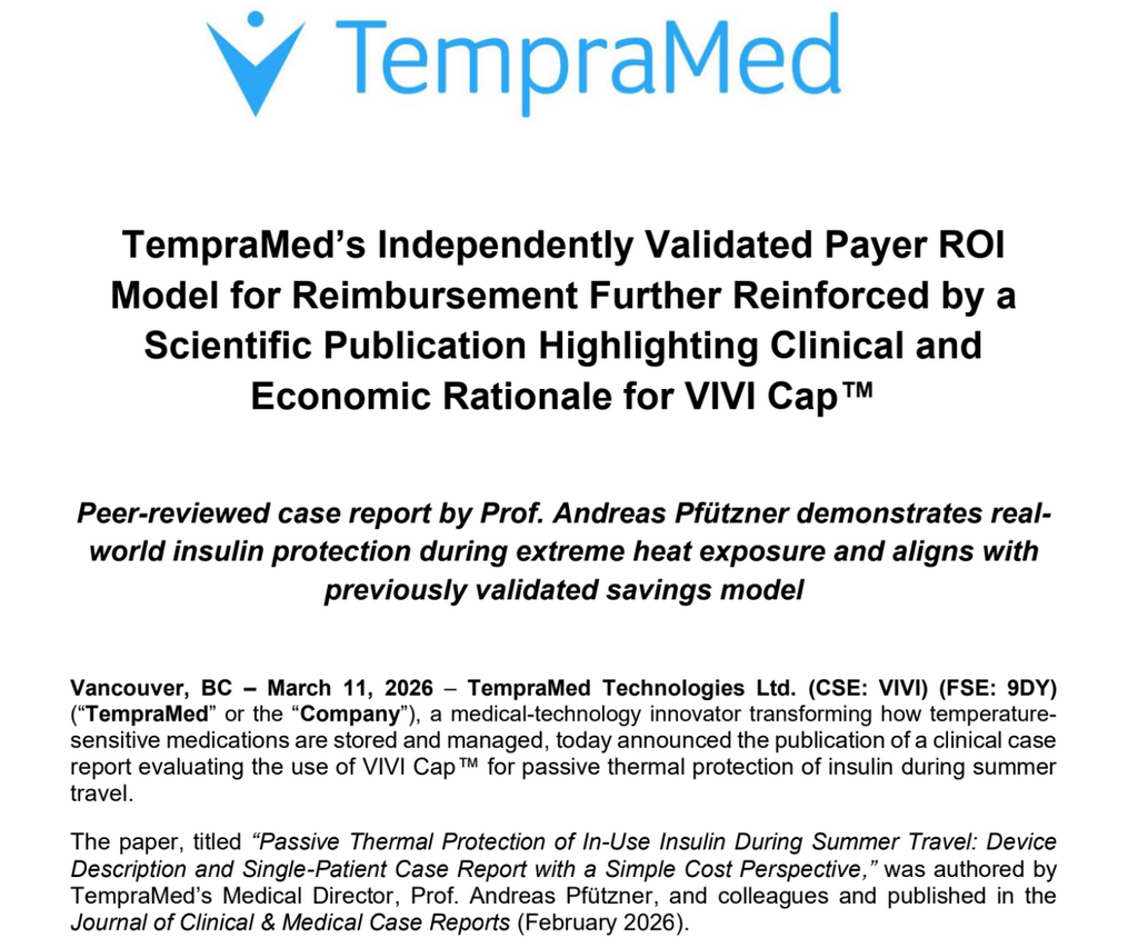TempraMed’s Independently Validated Payer ROI Model for Reimbursement Further Reinforced by a Scientific Publication Highlighting Clinical and Economic Rationale for VIVI Cap