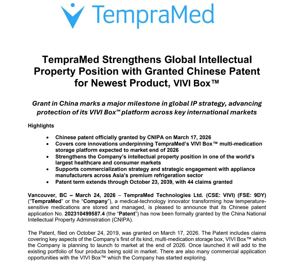 TempraMed Strengthens Global Intellectual Property Position with Granted Chinese Patent for Newest Product, VIVI Box