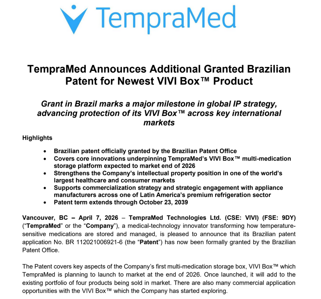TempraMed Announces Additional Granted Brazilian Patent for Newest VIVI Box Product