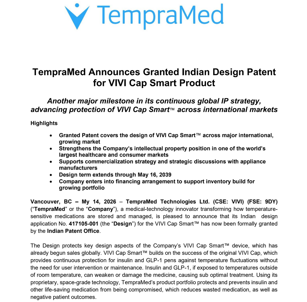 TempraMed Announces Granted Indian Design Patent for VIVI Cap Smart Product