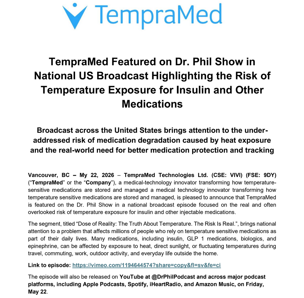 TempraMed Featured on Dr. Phil Show in National US Broadcast Highlighting the Risk of Temperature Exposure for Insulin and Other Medications
