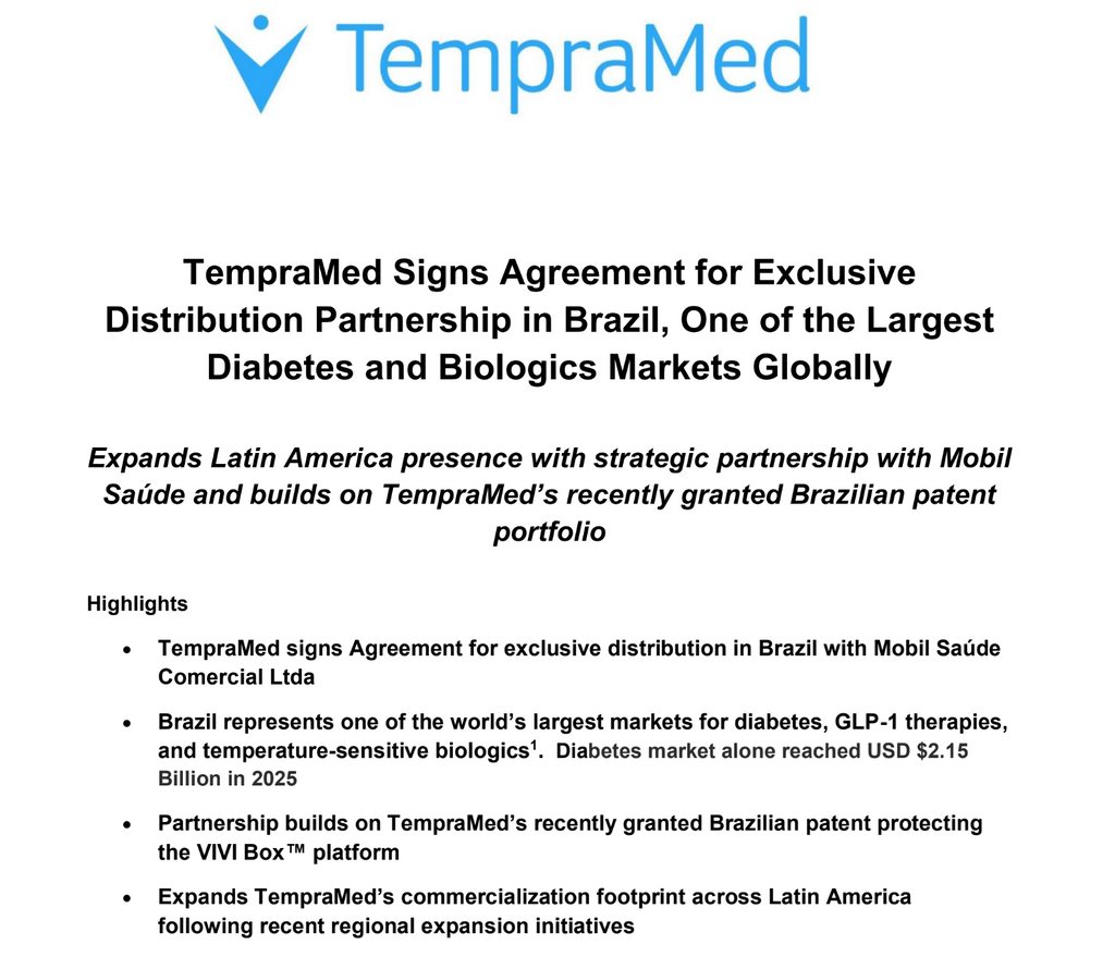 TempraMed Signs Agreement for Exclusive Distribution Partnership in Brazil, One of the Largest Diabetes and Biologics Markets Globally