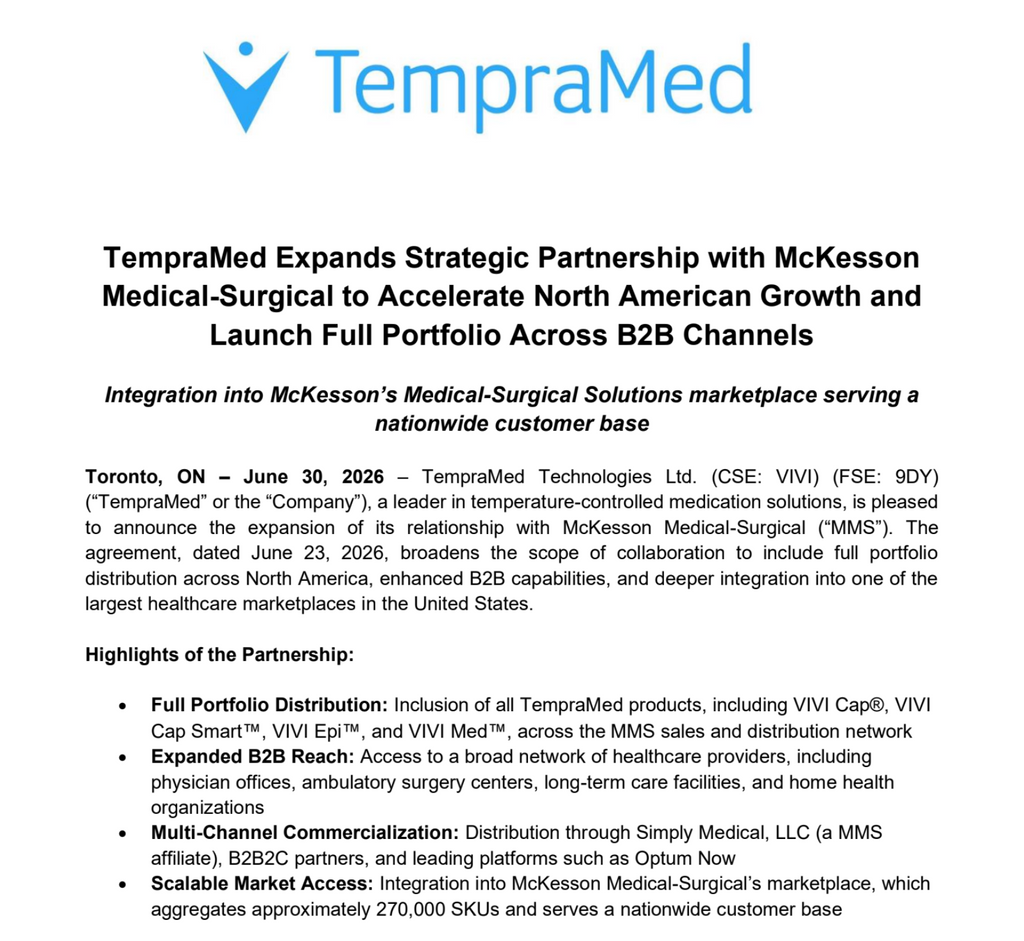 TempraMed Expands Strategic Partnership with McKesson Medical-Surgical to Accelerate North American Growth and Launch Full Portfolio Across B2B Channels