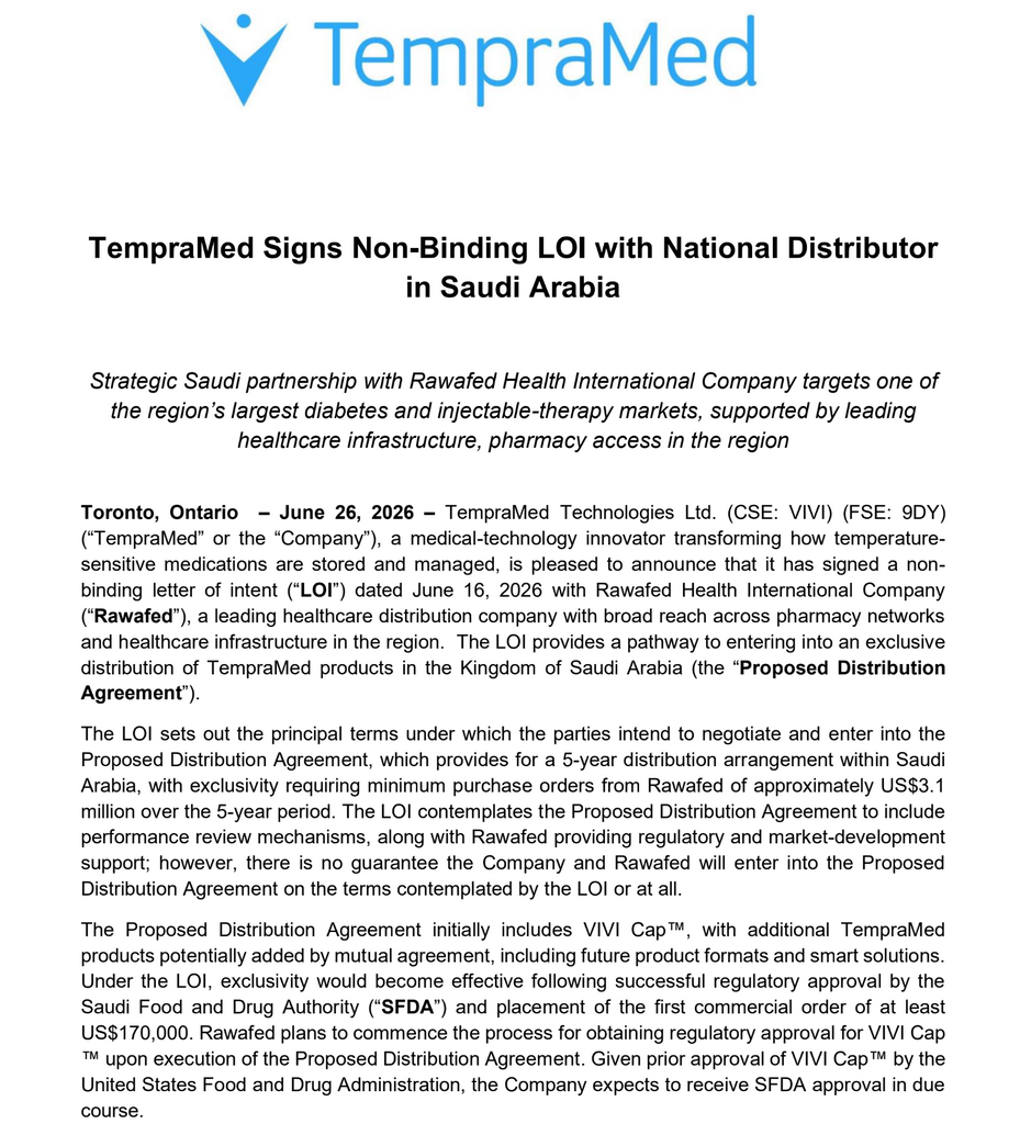 TempraMed Signs Non-Binding LOI with National Distributor in Saudi Arabia