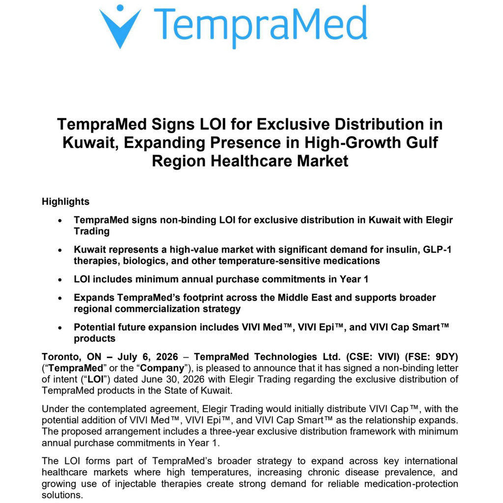 TempraMed Signs LOI for Exclusive Distribution in Kuwait, Expanding Presence in High-Growth Gulf Region Healthcare Market