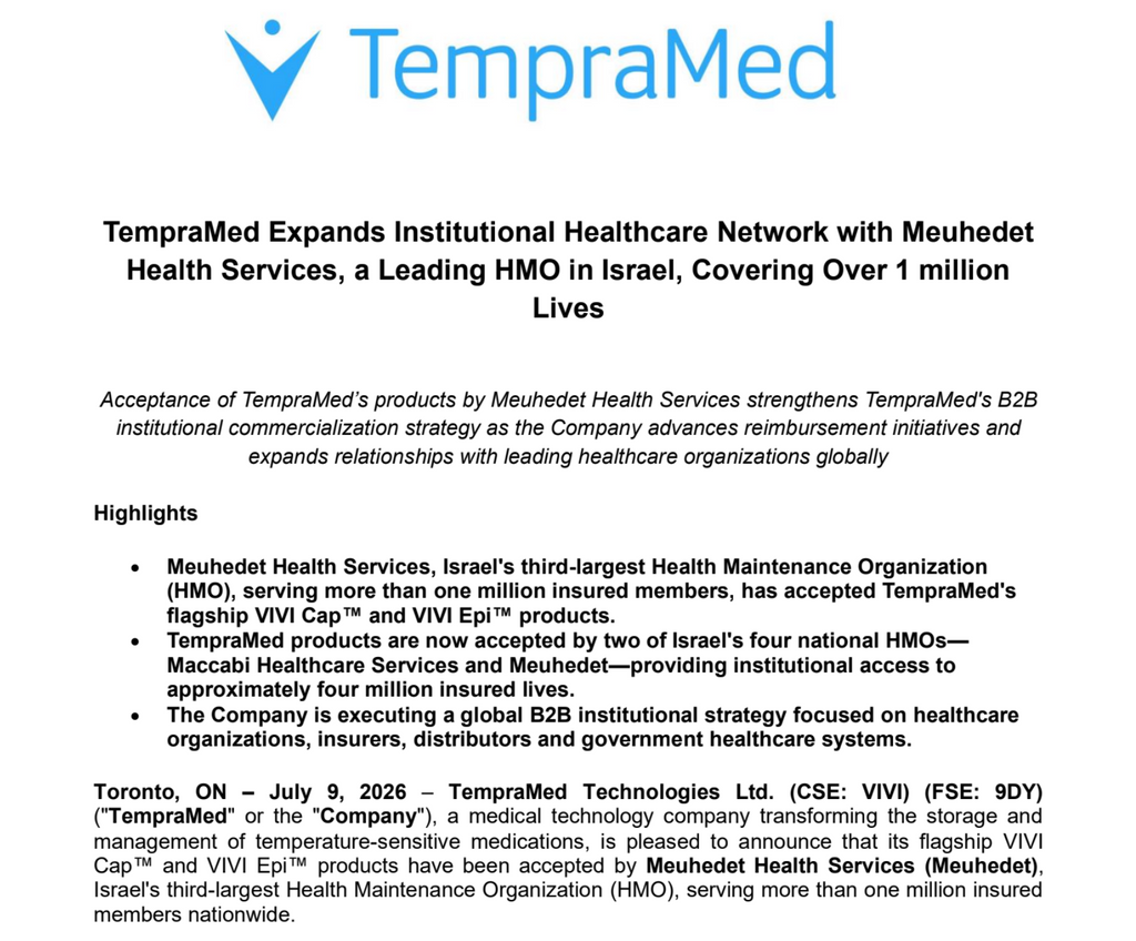 TempraMed Expands Institutional Healthcare Network with Meuhedet Health Services, a Leading HMO in Israel, Covering Over 1 million Lives