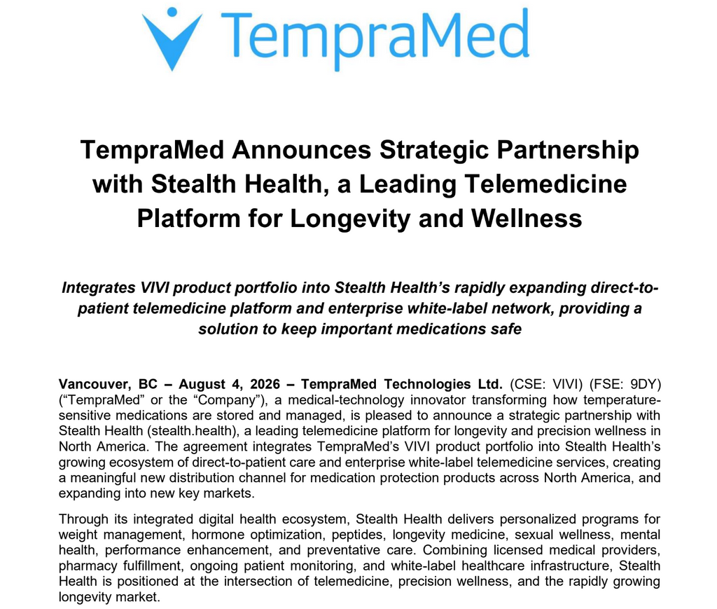TempraMed Announces Strategic Partnership with Stealth Health, a Leading Telemedicine Platform for Longevity and Wellness