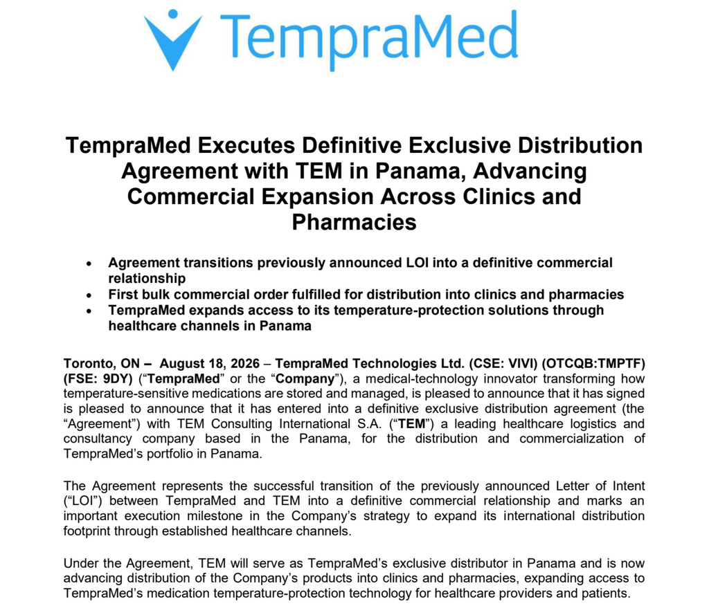 TempraMed Executes Definitive Exclusive Distribution Agreement with TEM in Panama, Advancing Commercial Expansion Across Clinics and Pharmacies