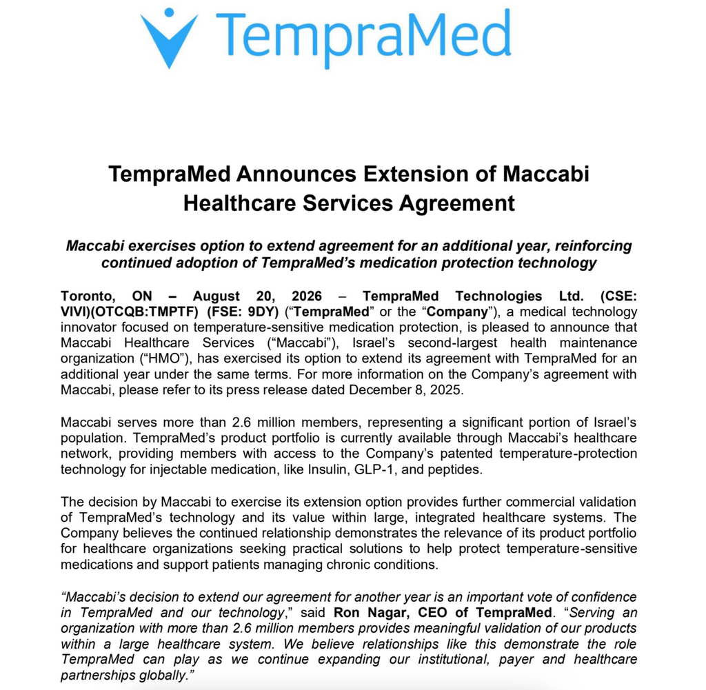 TempraMed Announces Extension of Maccabi Healthcare Services Agreement