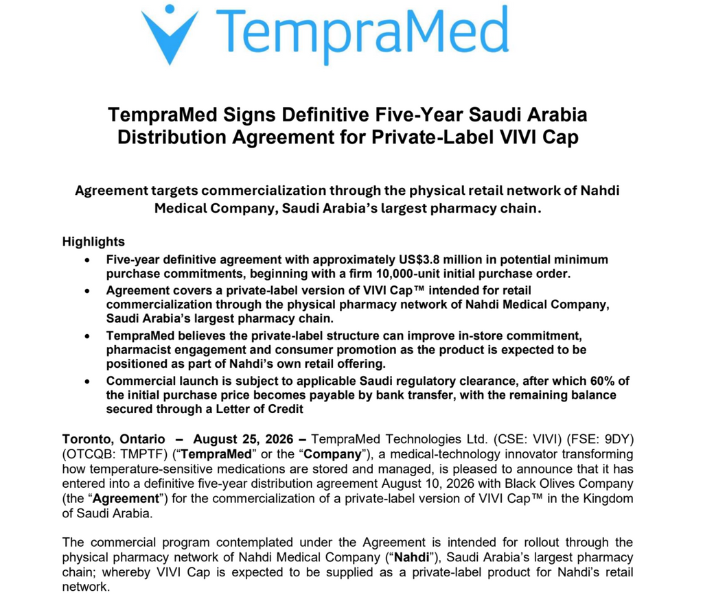 TempraMed Signs Definitive Five-Year Saudi Arabia Distribution Agreement for Private-Label VIVI Cap