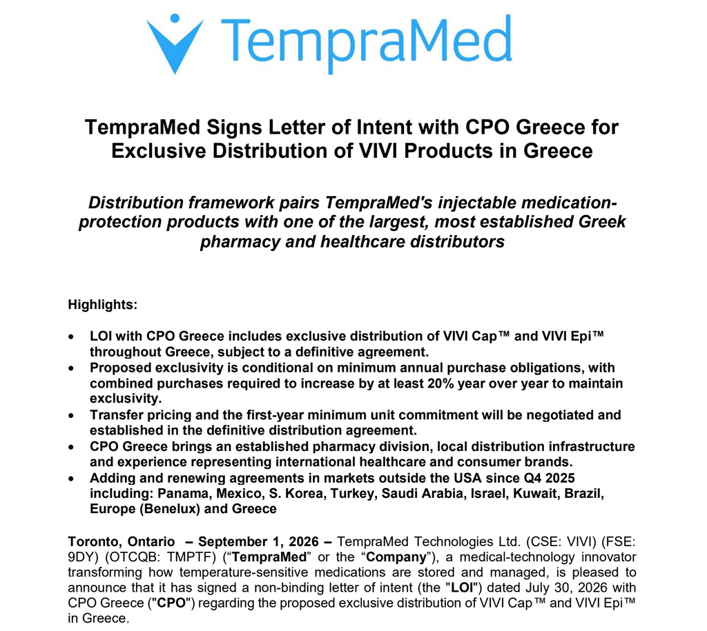 TempraMed Signs Letter of Intent with CPO Greece for Exclusive Distribution of VIVI Products in Greece