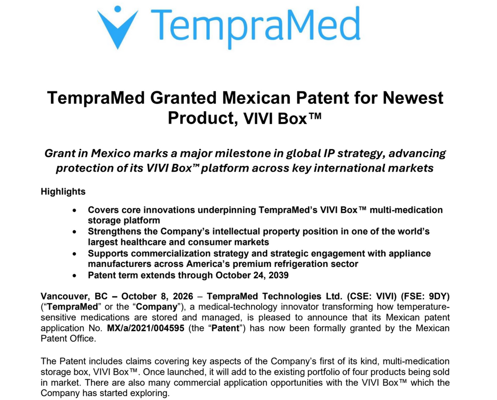 TempraMed Granted Mexican Patent for Newest Product, VIVI Box™