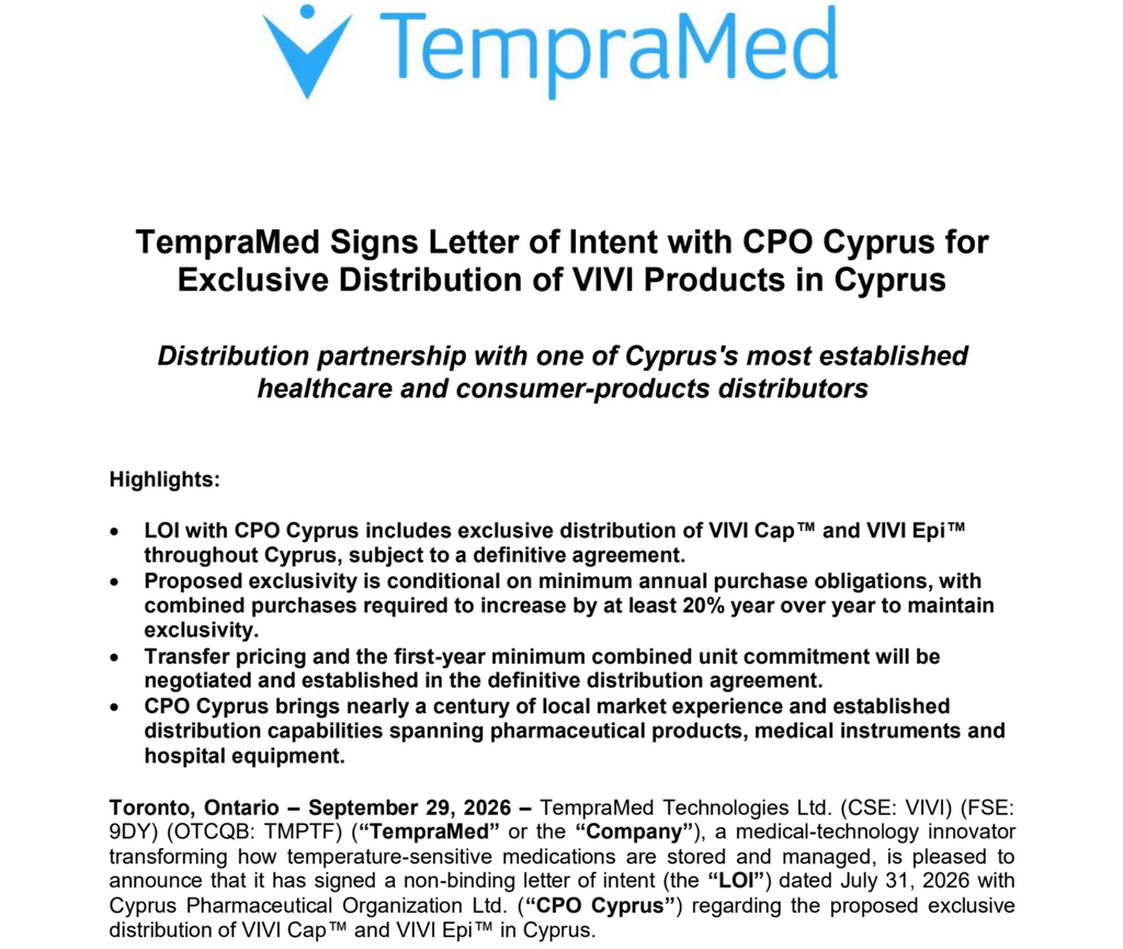 TempraMed firma una carta de intención con CPO Cyprus para la distribución exclusiva de productos VIVI en Chipre