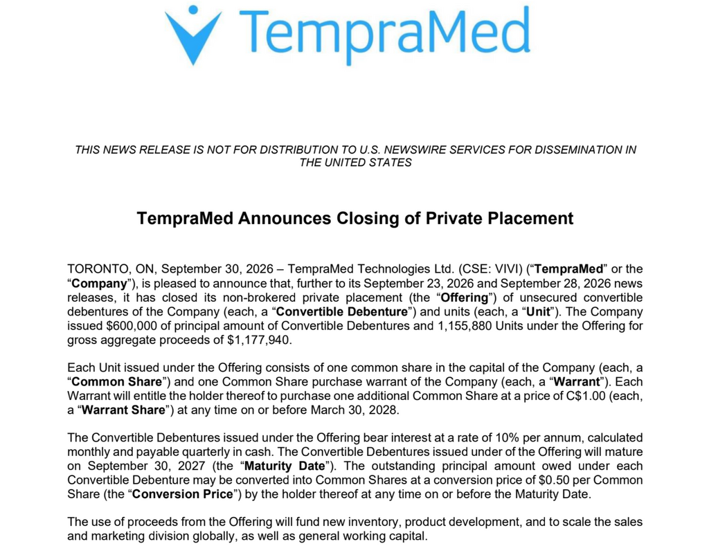 TempraMed anuncia el cierre de su colocación privada