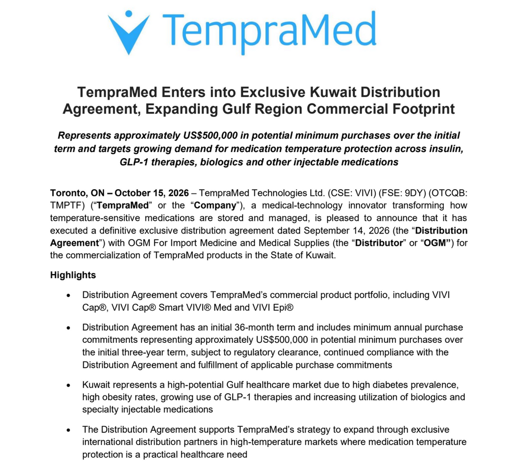 TempraMed Enters into Exclusive Kuwait Distribution Agreement, Expanding Gulf Region Commercial Footprint