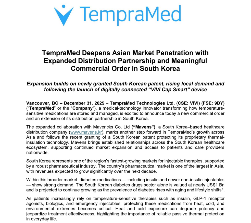 TempraMed Deepens Asian Market Penetration with Expanded Distribution Partnership and Meaningful Commercial Order in South Korea