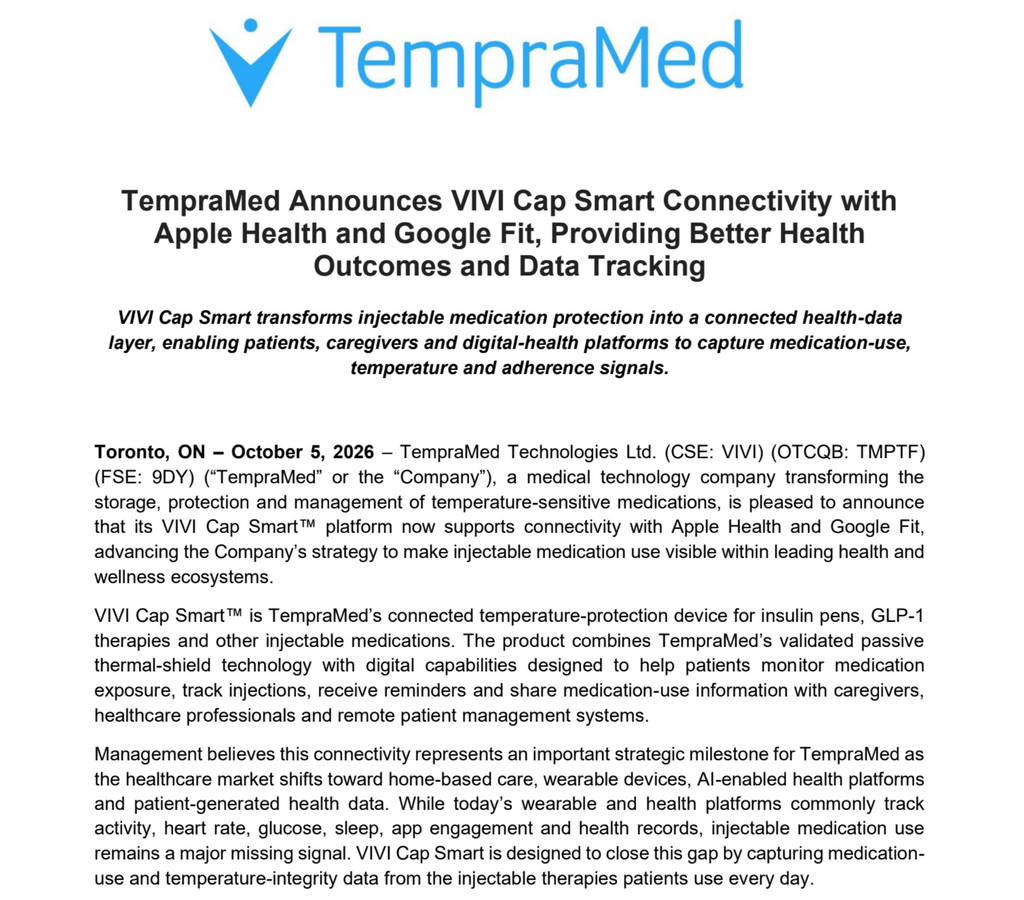 TempraMed anuncia la conectividad inteligente de VIVI Cap con Apple Health y Google Fit, proporcionando mejores resultados de salud y seguimiento de datos