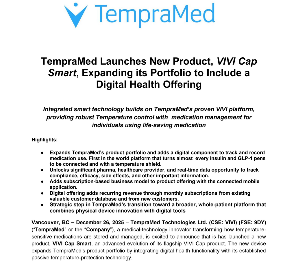 TempraMed Launches New Product, VIVI Cap Smart, Expanding its Portfolio to Include a Digital Health Offering