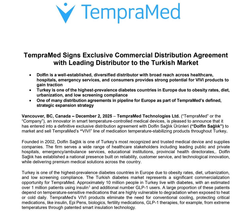 TempraMed Signs Exclusive Commercial Distribution Agreement  with Leading Distributor to the Turkish Market