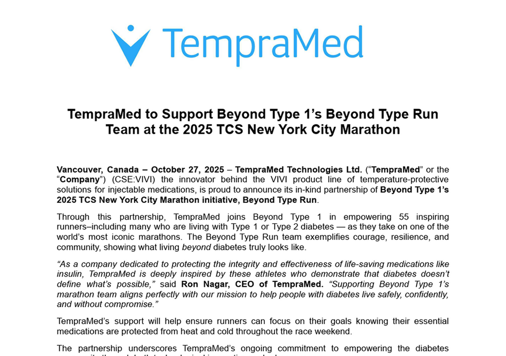 TempraMed to Support Beyond Type 1’s Beyond Type Run Team at the 2025 TCS New York City Marathon