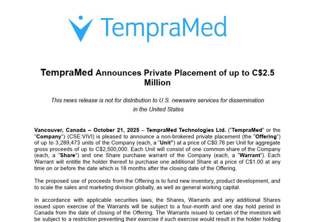 TempraMed Announces Private Placement of up to C$2.5Million