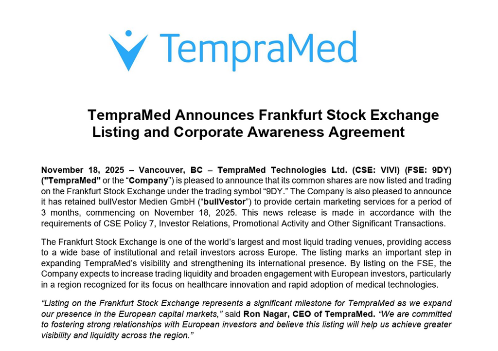 TempraMed Announces Frankfurt Stock Exchange Listing and Corporate Awareness Agreement